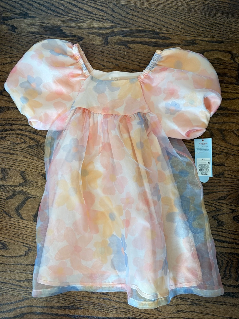 Girls Puff-Sleeve Floral Dress Top in Pastel Pink
